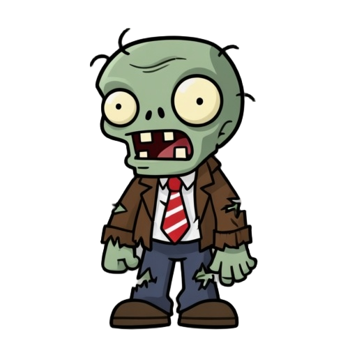 a cartoon zombie character in a goofy and funny style, similar to plants vs. zombies. the zombie has pale green skin, large round eyes with small pupils, and an open mouth showing crooked teeth. it wears a torn brown jacket, a ripped white shirt, and a re