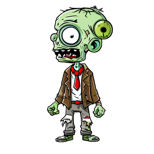 a cartoon zombie character in a goofy and funny style, similar to plants vs. zombies. the zombie has pale green skin, large round eyes with small pupils, and an open mouth showing crooked teeth. it wears a torn brown jacket, a ripped white shirt, and a re