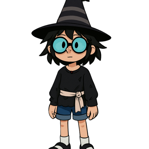 a young cartoon witch girl, 13 years old, with messy black hair and rounded glasses with big cyan lenses, wearing a dark cone-shaped witch hat with two gray stripes, ripped black sweater, a white cloth belt tied around her waist, blue rolled-up shorts, wh