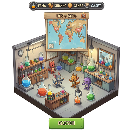gere uma imagem 2d de um laboratório com lugares em frascos 2d pra 6 criaturas alem disso quero um botão para um mapa um botão em cima de tudo tem que ter um menu superior onde terá fama dinheiro genes
