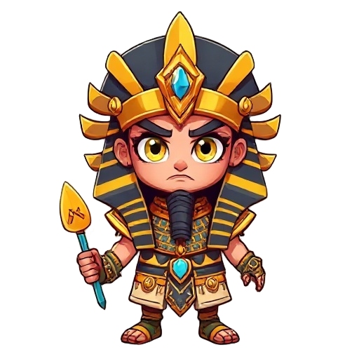 egyptian royal warrior character portrait, ancient armor, divine symbols, glowing eyes, gold and stone accessories, desert background, mystical style, symmetrical composition, full body, character des