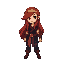 pixel art character. it appears to be a female warrior with long, flowing red hair held back by a golden headband. she wears a dark blue tunic and pants, accented by a brown belt with a gold buckle, b