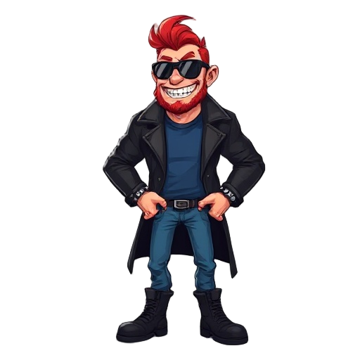 man, red hair, small red beard, sun goggles, black leather jacket, long jacket, blue jeans, black boots, blue t-shirt, maniac face, creepy smile