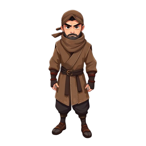 create a martial hero character wearing a brown cloth robe, black pants, and a headscarf, style asean
