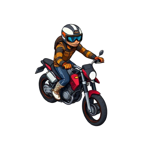 create a player character riding a motorcycle in the style of the road rash pc game
