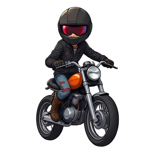 create a character in the style of a street racer, riding a motorcycle. the character wears a tight leather jacket, a full-face helmet with a glossy visor, ripped dusty jeans, and high-top boots, the character leaning slightly forward to capture the dynam