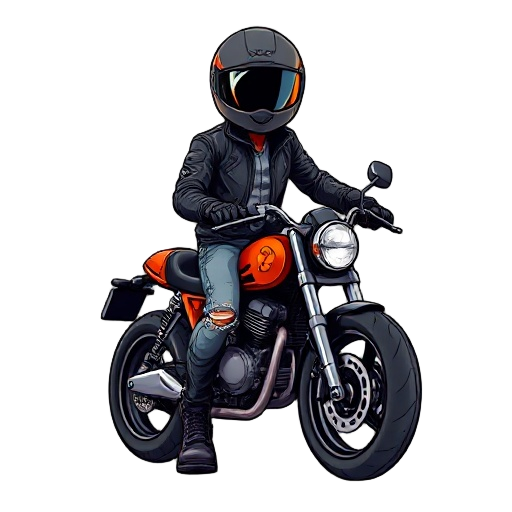 create a character in the style of a street racer, riding a motorcycle. the character wears a tight leather jacket, a full-face helmet with a glossy visor, ripped dusty jeans, and high-top boots, 