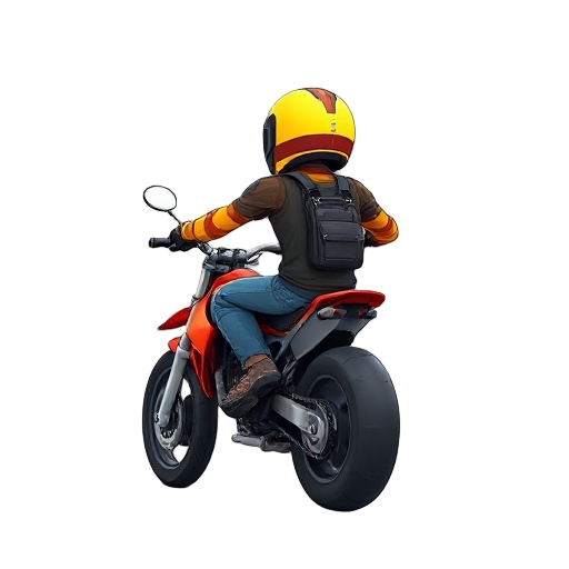 create a player character riding a motorcycle in the style of the road rash pc game, with views: back. transparency background