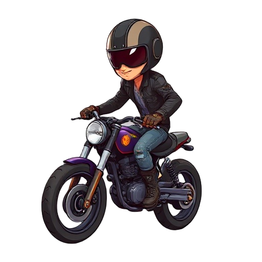 create a character in the style of a street racer, riding a motorcycle. the character wears a tight leather jacket, a full-face helmet with a glossy visor, ripped dusty jeans, and high-top boots, the character leaning slightly forward to capture the dynam