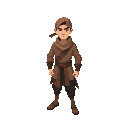 create a martial hero character wearing a brown cloth robe, black pants, and a headscarf.