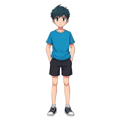 anime teenager wearing blue shirt and black shorts, standing straight facing forward