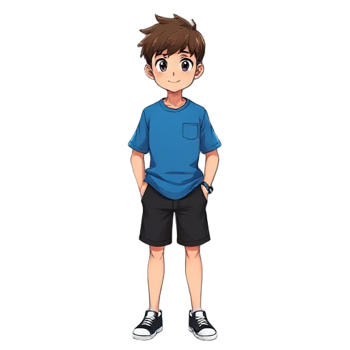 anime teenager wearing a blue shirt and black shorts, standing straight and his hands out of his pockets