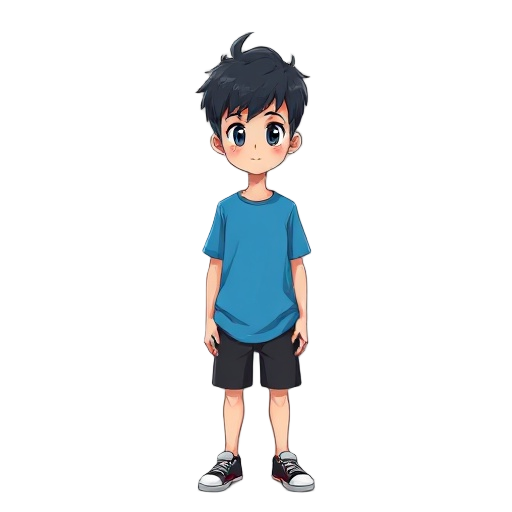 anime teenager in blue shirt and black shorts, standing straight facing forward