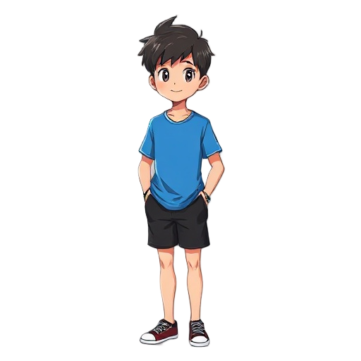 anime teenager wearing a blue shirt and black shorts, standing straight and his hands out of his pockets