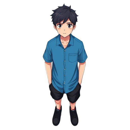 anime teenager wearing a blue shirt and black shorts, standing straight and his hands out of his pockets