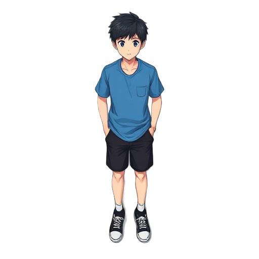 anime teenager wearing a blue shirt and black shorts, standing straight and his hands out of his pockets