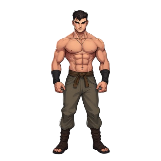 a muscular soldier wearing only pants who is a master of martial arts. 