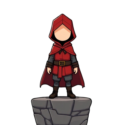 a character in a red cloak and red hood, face canceled. platformer jumping game   