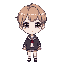 white skin woman with purple eyes, short light brown hair, school outfit, chibi style