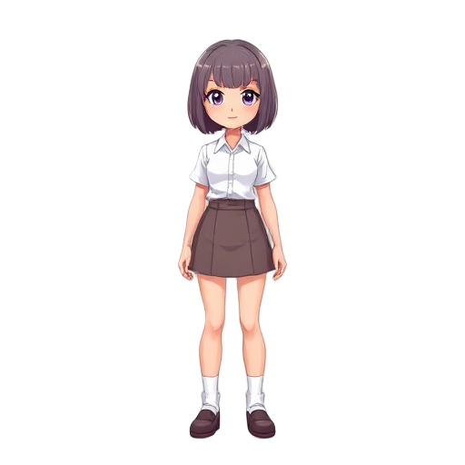 gender: female pose: standing skin color: hex - fff9f5 eye color: hex - f7deff hair length: bob hair color: hex - c6b2ba clothing: white shirt, collar hex - f7deff, skirt hex - f7deff, socks - white, 