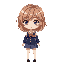 white skin woman with purple eyes, short light brown hair, school outfit, chibi style