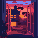 view inside the house, evening, sunset from the window