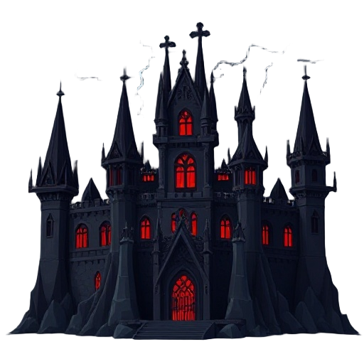 ancient dark castle of the demon king, gothic spires, red glowing windows, stormy sky, lightning, ominous atmosphere.