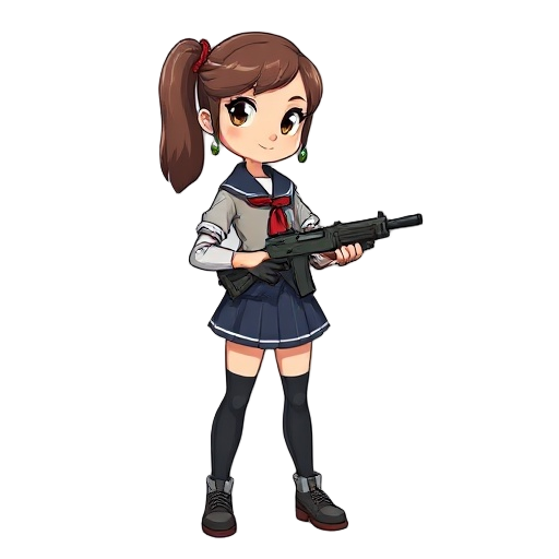 soviet style school girl with a pistol charter, for side scrolel shoot em up game