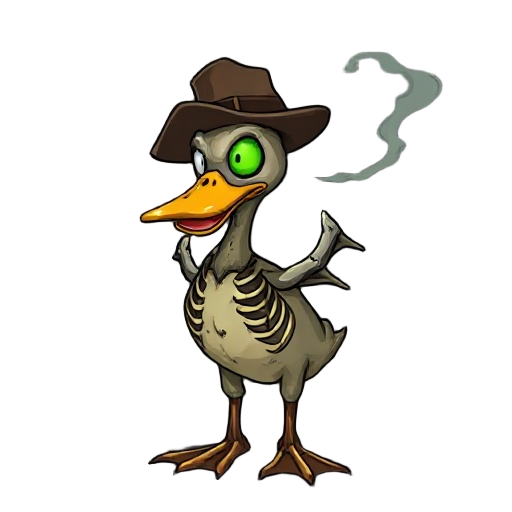 a half-rotten, half-skeletal undead duck in 2d. one lifeless white eye, the other a glowing green socket. torn feathers, exposed ribs, bone wings. flies buzz around. wears an old hunter hat and emits a foul, ghostly mist.