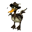 a half-rotten, half-skeletal undead duck in 2d. one lifeless white eye, the other a glowing green socket. torn feathers, exposed ribs, bone wings. flies buzz around. wears an old hunter hat and emits a foul, ghostly mist.