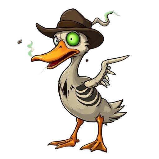 a half-rotten, half-skeletal undead duck in 2d. one lifeless white eye, the other a glowing green socket. torn feathers, exposed ribs, bone wings. flies buzz around. wears an old hunter hat and emits a foul, ghostly mist.