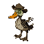 a half-rotten, half-skeletal undead duck in 2d. one lifeless white eye, the other a glowing green socket. torn feathers, exposed ribs, bone wings. flies buzz around. wears an old hunter hat and emits a foul, ghostly mist.