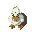 um pato morto-vivo 2d, metade carcaça podre e metade esqueleto. um olho branco sem vida, o outro uma órbita vazia brilhando verde. asas mistas de osso e penas rasgadas. costelas expostas, pele necrosada, moscas voando. usa um chapéu velho e exala névoa pú