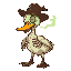 a half-rotten, half-skeletal undead duck in 2d. one lifeless white eye, the other a glowing green socket. torn feathers, exposed ribs, bone wings. flies buzz around. wears an old hunter hat and emits a foul, ghostly mist.