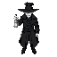medieval supernatural detective inspired by van helsing, black and white only, grayscale shading. character wears a long dark coat and wide brimmed hat. in one hand, a glowing lantern casting a stronger glow with light reflections