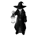 medieval supernatural detective inspired by van helsing, black and white only, grayscale shading. character wears a long dark coat and wide brimmed hat. in one hand, a glowing lantern casting a stronger glow with light reflections