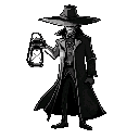medieval supernatural detective inspired by van helsing, black and white only, grayscale shading. character wears a long dark coat and wide brimmed hat. in one hand, a glowing lantern casting a stronger glow with light reflections