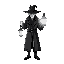 medieval supernatural detective inspired by van helsing, black and white only, grayscale shading. character wears a long dark coat and wide brimmed hat. in one hand, a glowing lantern casting a stronger glow with light reflections