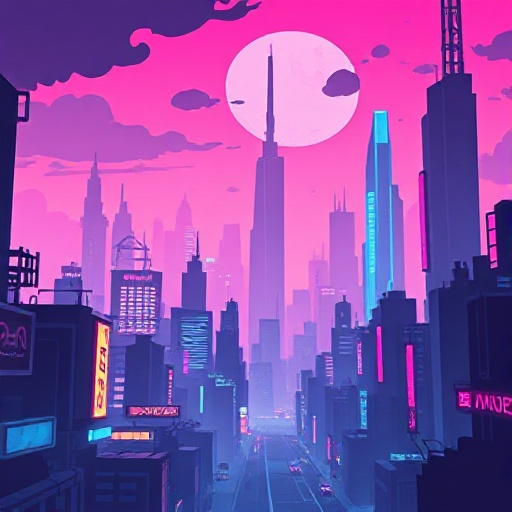 cyberpunk pink, blue, black city