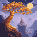 a golden tree in the background, with a city floating above another city