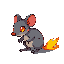 a gray rat that is inflicted with the fire element, making it exibit fire elements on its tail and glowing fire-red eyes