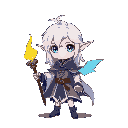 cute anime chibi mage, white hair, blue eyes, magic staff with glowing flame, long elf ears, big eyes