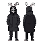 man in black balaclava with two eye holes and mouth hole, rabbit skull logo on his cap, char wear long parka(up to the ankles) and dark pants