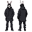 man in black balaclava with rabbit skull on his cap, char wear long parka( a coat) and dark pants