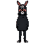 man in black balaclava with two eye holes and mouth hole, rabbit skull logo on his cap, char wear long parka(up to the ankles) and dark pants