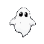  a cute little ghost with big black round eyes, in a white sheet