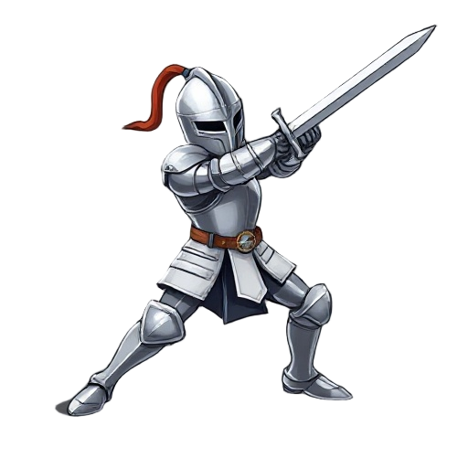 a medieval knight in full silver armor, mid-attack. the knight is swinging a two-handed longsword in a powerful, dynamic arc, either horizontally or downwards. the body is fully visible, including both legs firmly planted or in a lunging motion, conveying