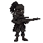male medieval spy with a deep black skin,  afro dreads in a ponytail hairstyle wearing a  bandana, an eyepatch, a a dark-gray rustic tactical infiltration suit with a sniping musket on his back  