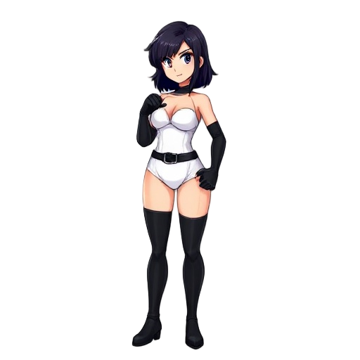 heroine with dark raven and shoulder-length hair in a fighting stance looking to the side. she is in a simple and solid white strapless leotard. she has long black gloves and black thigh high boots.  she is wearing a thick black belt. her leotard has a pl