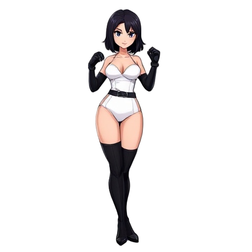 heroine with dark raven and shoulder-length hair in a fighting stance looking to the side. she is in a simple and solid white strapless leotard. she has long black gloves and black thigh high boots.  she is wearing a thick black belt. her leotard has a pl